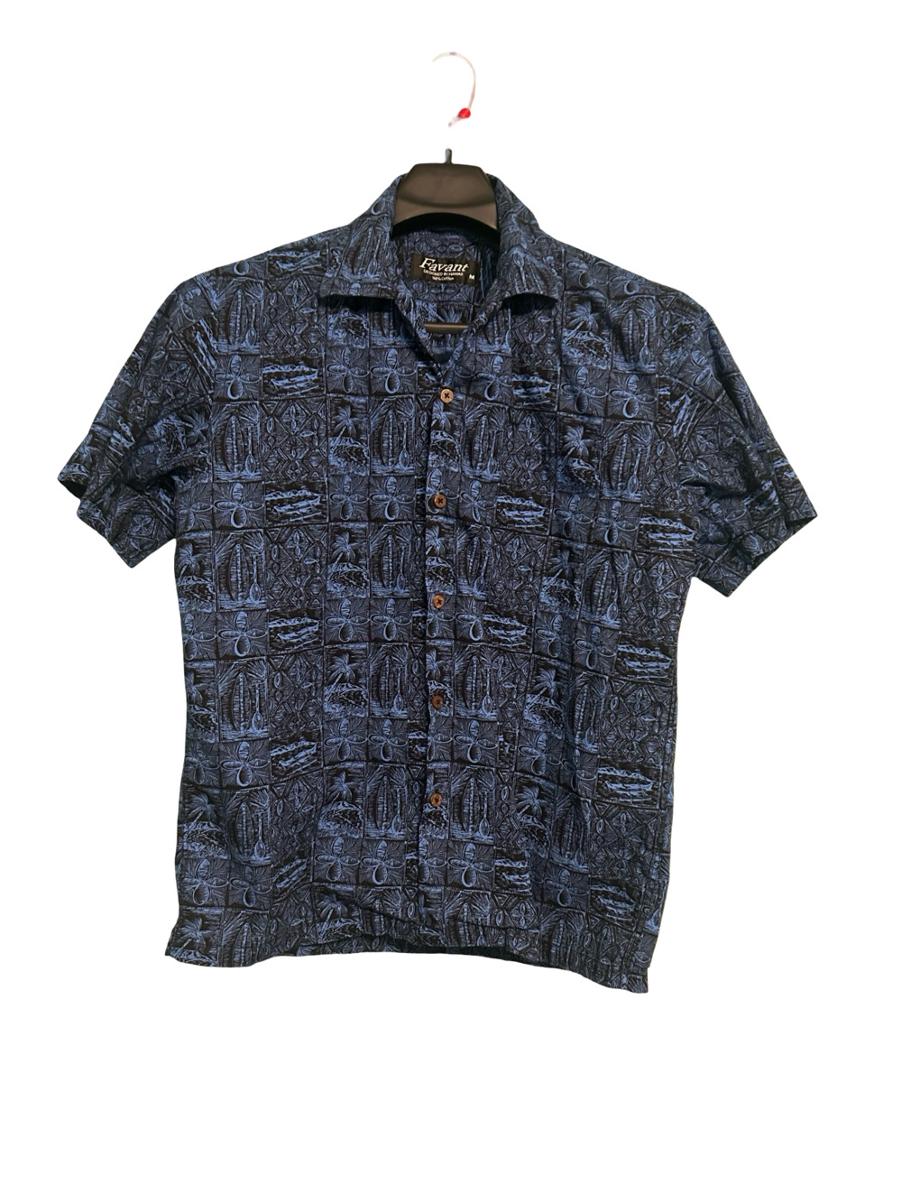 Favant Designed in Hawaii Men's Blue Black Tropical Pattern Short Sleeve Shirt